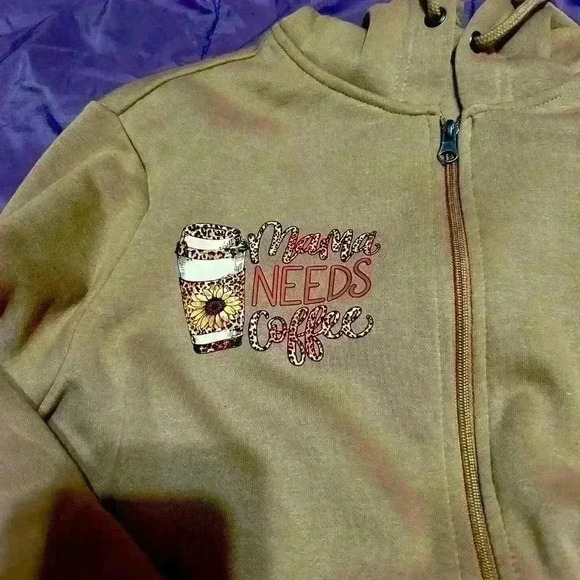 One of a kind  brown zip up hoodie “mama needs a coffee” custom size medium - Picture 2 of 3